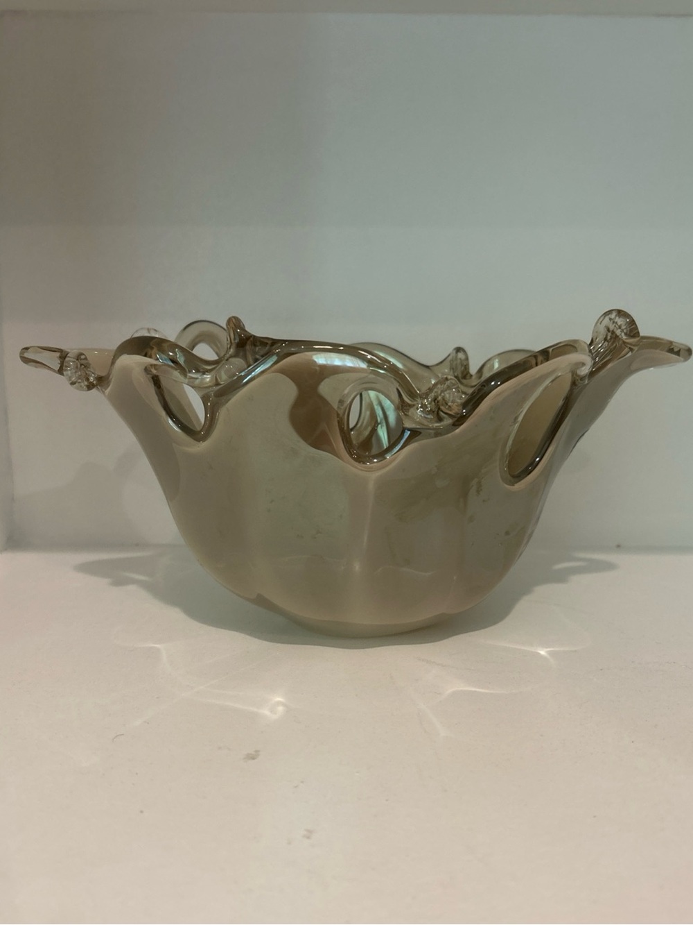 Murano Handmade “White Crystal” Blown Glass with Ruffled Trim made in Italy